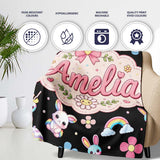 Cute Rainbow Bunny Flowers Eggs Pastel Spring Easter Seamless  Personalised Custom Name Super Soft Fleece Blanket Bed Sofa Throw