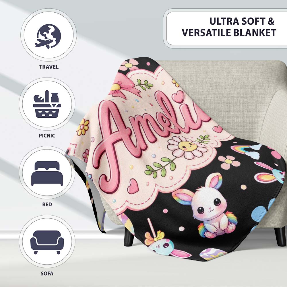 Cute Rainbow Bunny Flowers Eggs Pastel Spring Easter Seamless  Personalised Custom Name Super Soft Fleece Blanket Bed Sofa Throw