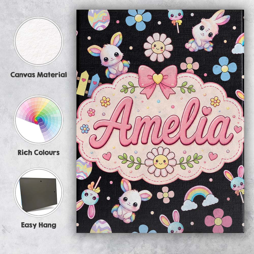 Personalised Name Cute Rainbow Bunny Custom Premium Decorative Design Modern Room Accent Canvas Wall Art Print Decor Picture Ready to Hang