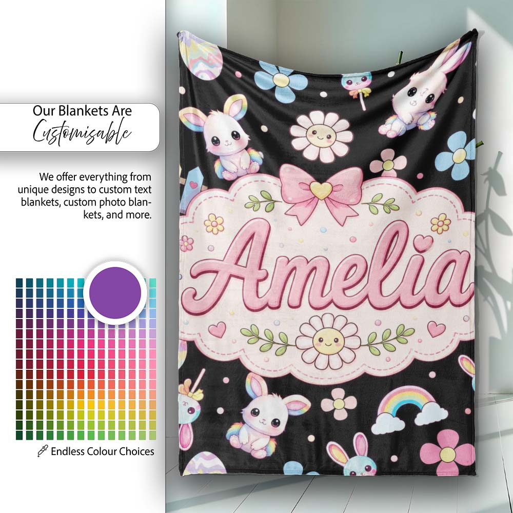 Cute Rainbow Bunny Flowers Eggs Pastel Spring Easter Seamless  Personalised Custom Name Super Soft Fleece Blanket Bed Sofa Throw