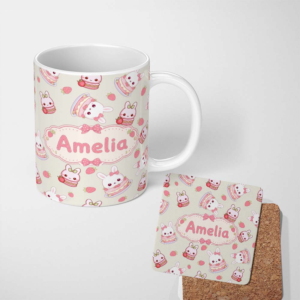 Personalized Custom Name Cute Strawberry Bunny Macaron Dessert Kawaii Cream Background 11oz Ceramic Coffee Tea Mug White Large Handle