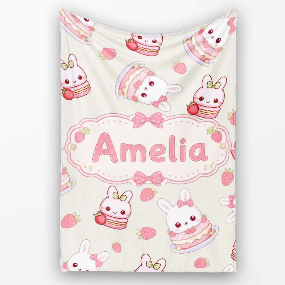 Cute Strawberry Bunny Macaron Dessert Kawaii Cream Background  Personalised Custom Name Super Soft Fleece Blanket Bed Sofa Throw