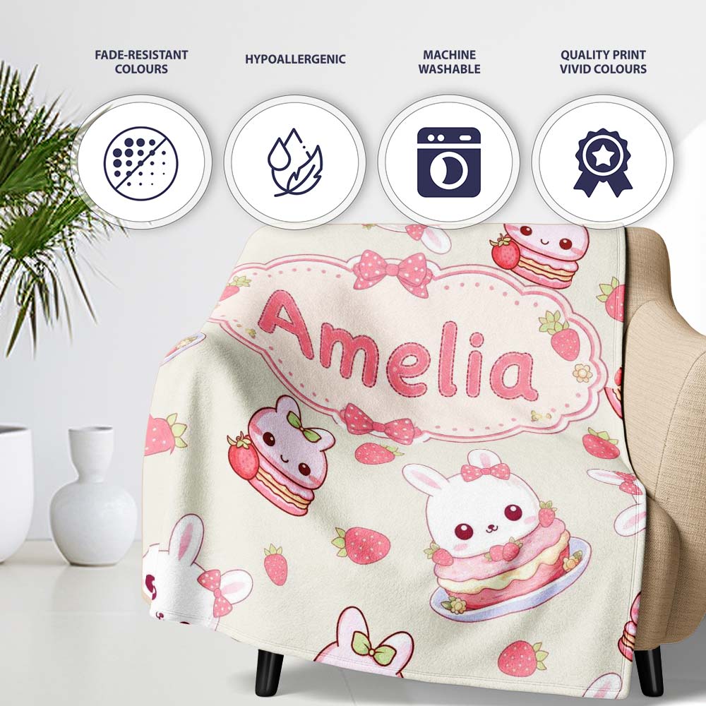 Cute Strawberry Bunny Macaron Dessert Kawaii Cream Background  Personalised Custom Name Super Soft Fleece Blanket Bed Sofa Throw