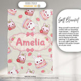Cute Strawberry Bunny Macaron Dessert Kawaii Cream Background  Personalised Custom Name Super Soft Fleece Blanket Bed Sofa Throw