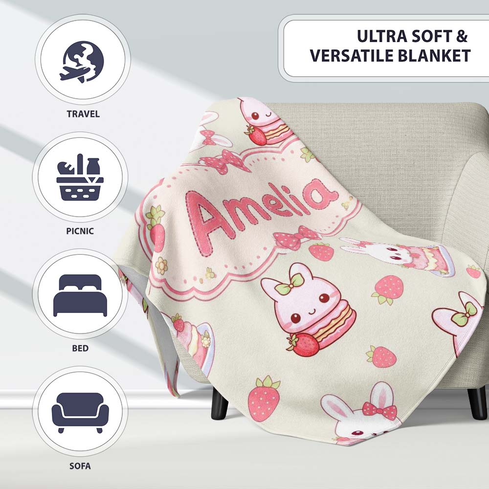 Cute Strawberry Bunny Macaron Dessert Kawaii Cream Background  Personalised Custom Name Super Soft Fleece Blanket Bed Sofa Throw