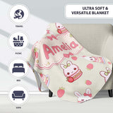 Cute Strawberry Bunny Macaron Dessert Kawaii Cream Background  Personalised Custom Name Super Soft Fleece Blanket Bed Sofa Throw