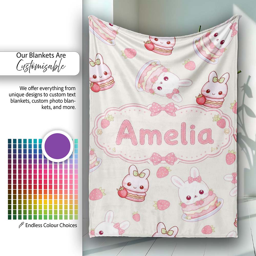 Cute Strawberry Bunny Macaron Dessert Kawaii Cream Background  Personalised Custom Name Super Soft Fleece Blanket Bed Sofa Throw