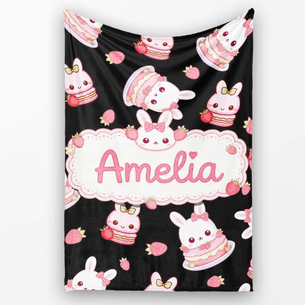 Cute Strawberry Bunny Macaron Dessert Kawaii Black Background  Personalised Custom Name Super Soft Fleece Blanket Bed Sofa Throw