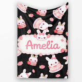 Cute Strawberry Bunny Macaron Dessert Kawaii Black Background  Personalised Custom Name Super Soft Fleece Blanket Bed Sofa Throw