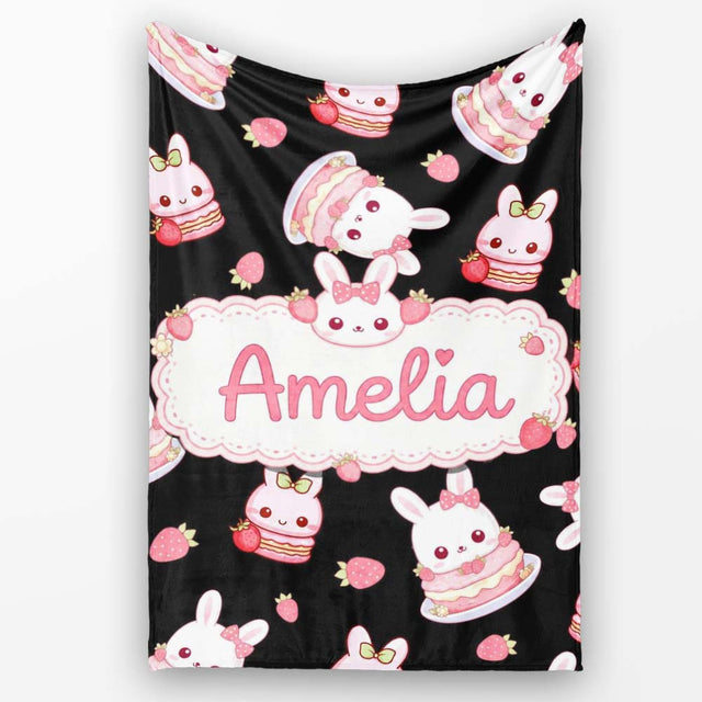 Cute Strawberry Bunny Macaron Dessert Kawaii Black Background  Personalised Custom Name Super Soft Fleece Blanket Bed Sofa Throw