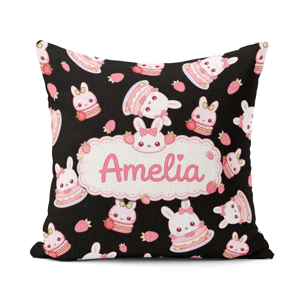 Custom Name Cute Strawberry Bunny Macaron Dessert Kawaii Black Square Filled Cushion Throw Pillow Sofa Bed Home Decor Zip Washable UK Made