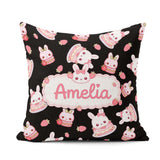 Custom Name Cute Strawberry Bunny Macaron Dessert Kawaii Black Square Filled Cushion Throw Pillow Sofa Bed Home Decor Zip Washable UK Made