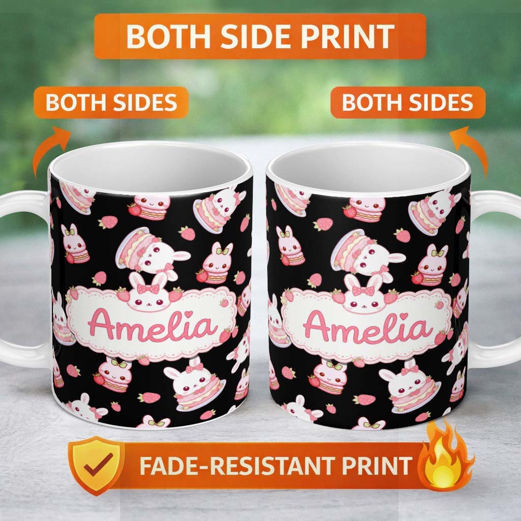 Personalized Custom Name Cute Strawberry Bunny Macaron Dessert Kawaii Black Background 11oz Ceramic Coffee Tea Mug White Large Handle