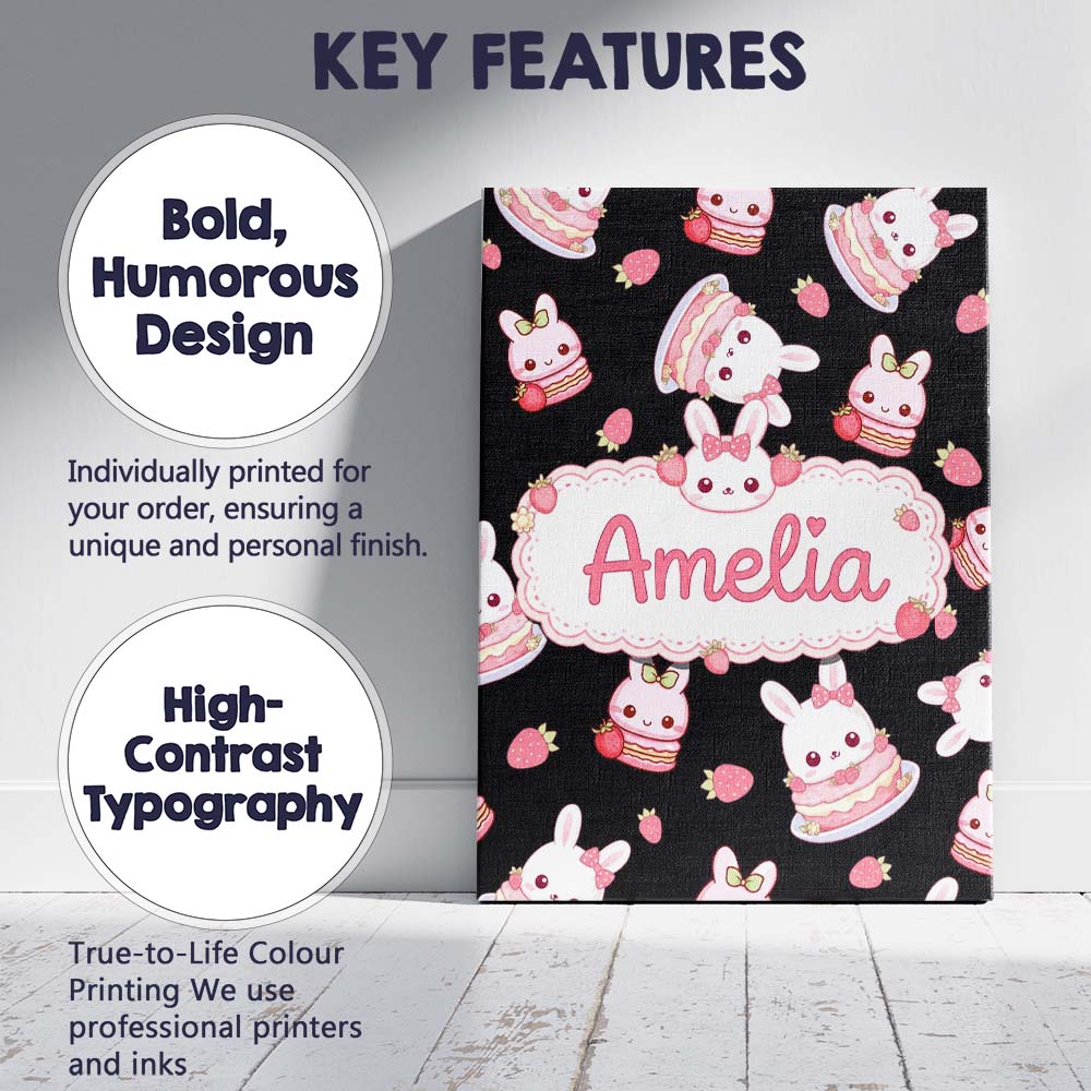 Personalised Name Cute Strawberry Bunny Custom  Modern Room Accent Elegant Feature Canvas Wall Art Print Decor Picture Ready to Hang