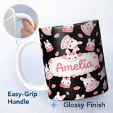 Personalized Custom Name Cute Strawberry Bunny Macaron Dessert Kawaii Black Background 11oz Ceramic Coffee Tea Mug White Large Handle