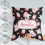 Custom Name Cute Strawberry Bunny Macaron Dessert Kawaii Black Square Filled Cushion Throw Pillow Sofa Bed Home Decor Zip Washable UK Made