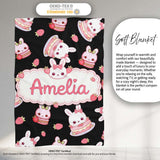 Cute Strawberry Bunny Macaron Dessert Kawaii Black Background  Personalised Custom Name Super Soft Fleece Blanket Bed Sofa Throw