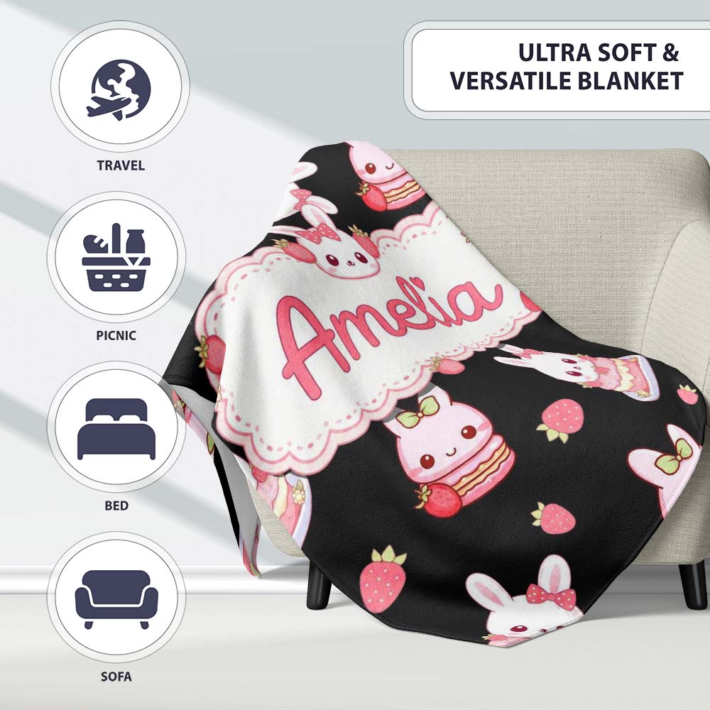 Cute Strawberry Bunny Macaron Dessert Kawaii Black Background  Personalised Custom Name Super Soft Fleece Blanket Bed Sofa Throw