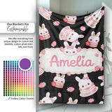 Cute Strawberry Bunny Macaron Dessert Kawaii Black Background  Personalised Custom Name Super Soft Fleece Blanket Bed Sofa Throw