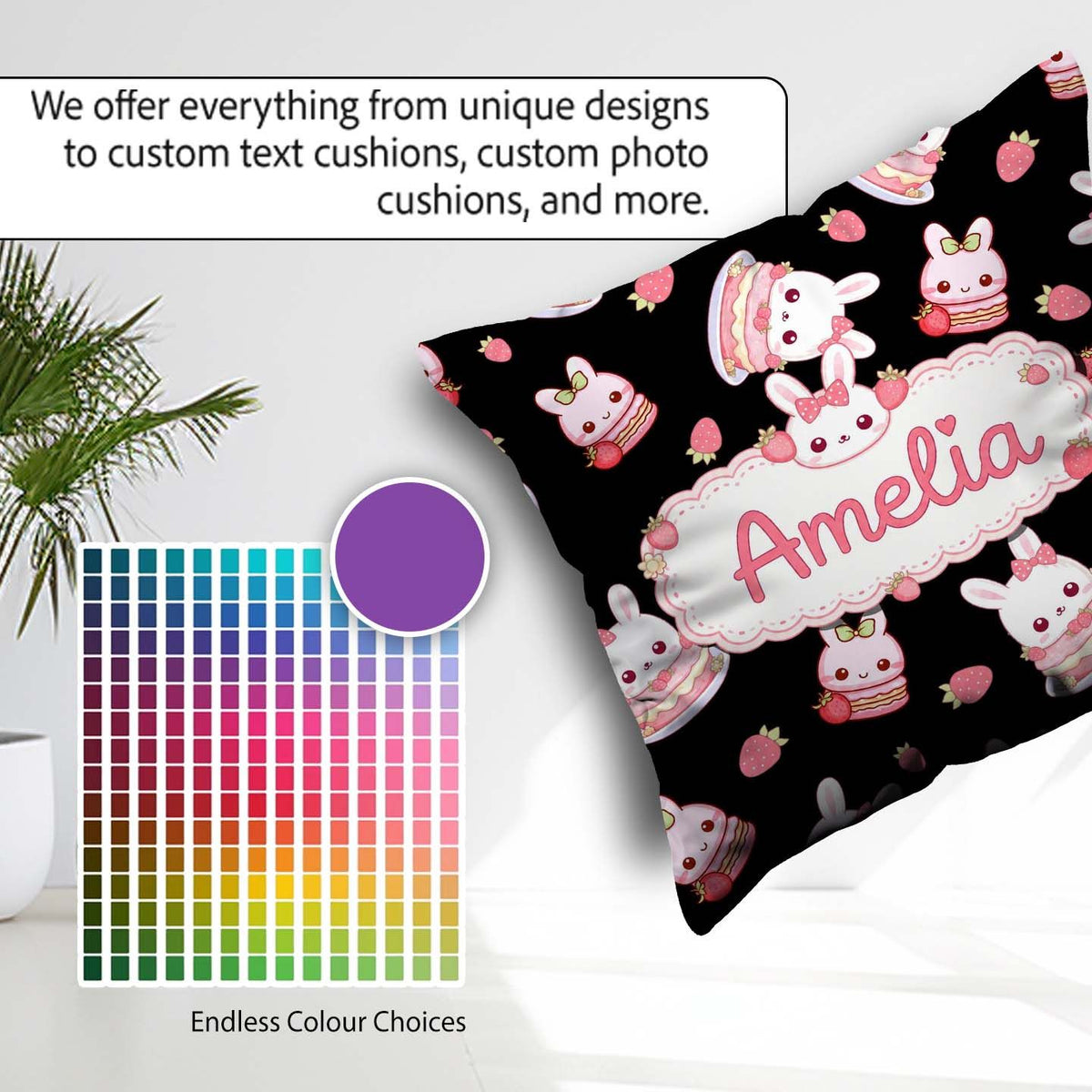 Custom Name Cute Strawberry Bunny Macaron Dessert Kawaii Black Square Filled Cushion Throw Pillow Sofa Bed Home Decor Zip Washable UK Made