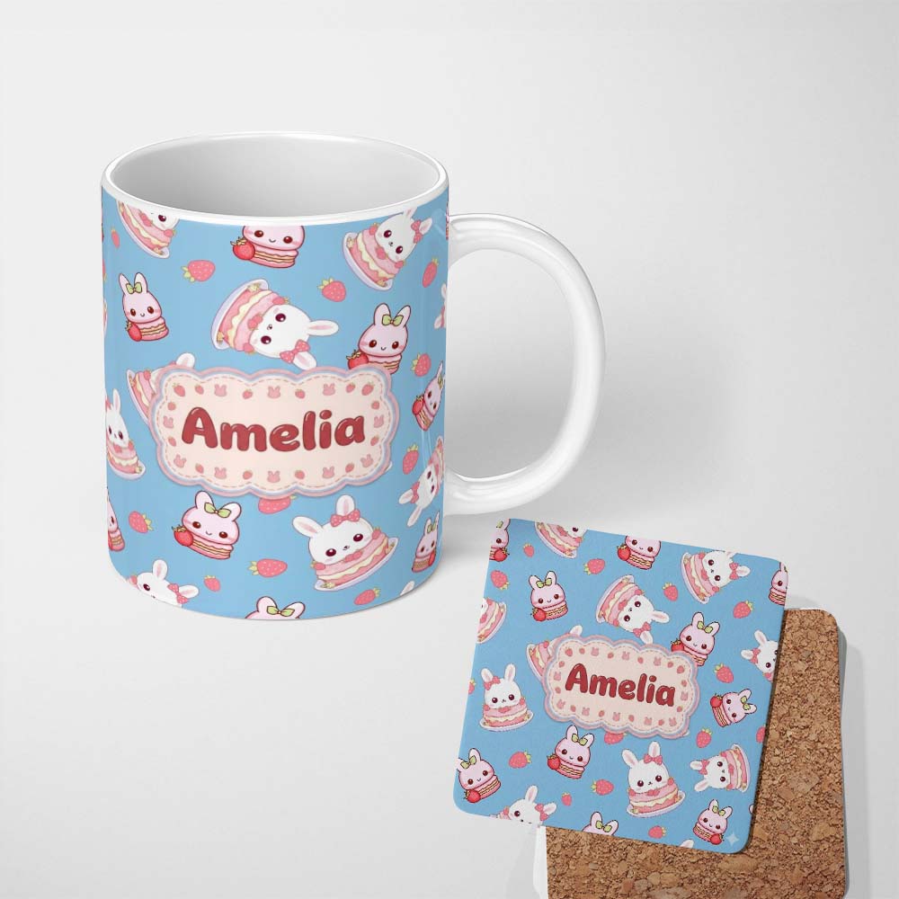Personalized Custom Name Cute Strawberry Bunny Macaron Dessert Kawaii Blue Background 11oz Ceramic Coffee Tea Mug White Large Handle