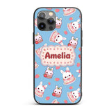 Cute Strawberry Bunny Macaron Dessert Kawaii Blue Custom Name Protective Phone Case Mobile Cover Durable Everyday Smartphone Shock Resistant