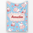 Cute Strawberry Bunny Macaron Dessert Kawaii Blue Background  Personalised Custom Name Super Soft Fleece Blanket Bed Sofa Throw