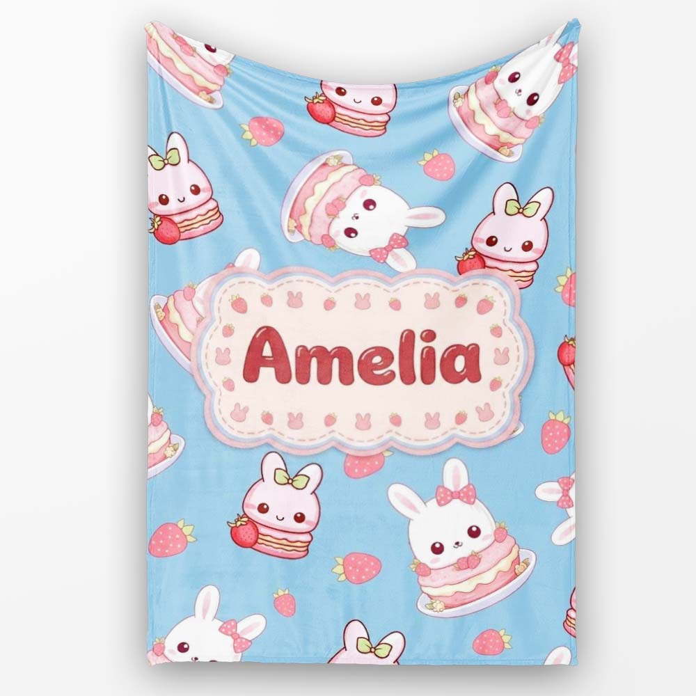Cute Strawberry Bunny Macaron Dessert Kawaii Blue Background  Personalised Custom Name Super Soft Fleece Blanket Bed Sofa Throw
