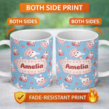 Personalized Custom Name Cute Strawberry Bunny Macaron Dessert Kawaii Blue Background 11oz Ceramic Coffee Tea Mug White Large Handle