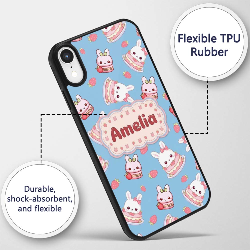 Cute Strawberry Bunny Macaron Dessert Kawaii Blue Custom Name Protective Phone Case Mobile Cover Durable Everyday Smartphone Shock Resistant