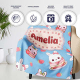 Cute Strawberry Bunny Macaron Dessert Kawaii Blue Background  Personalised Custom Name Super Soft Fleece Blanket Bed Sofa Throw