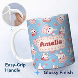 Personalized Custom Name Cute Strawberry Bunny Macaron Dessert Kawaii Blue Background 11oz Ceramic Coffee Tea Mug White Large Handle