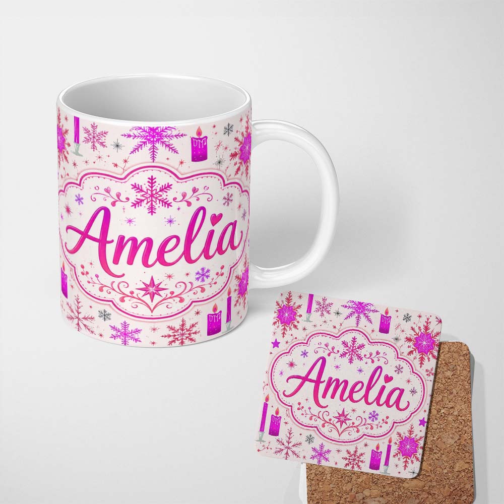 Personalized Custom Name Pink Candle Snowflake Winter Festive Seamless Pattern Lovely 11oz Ceramic Coffee Tea Mug White Large Handle