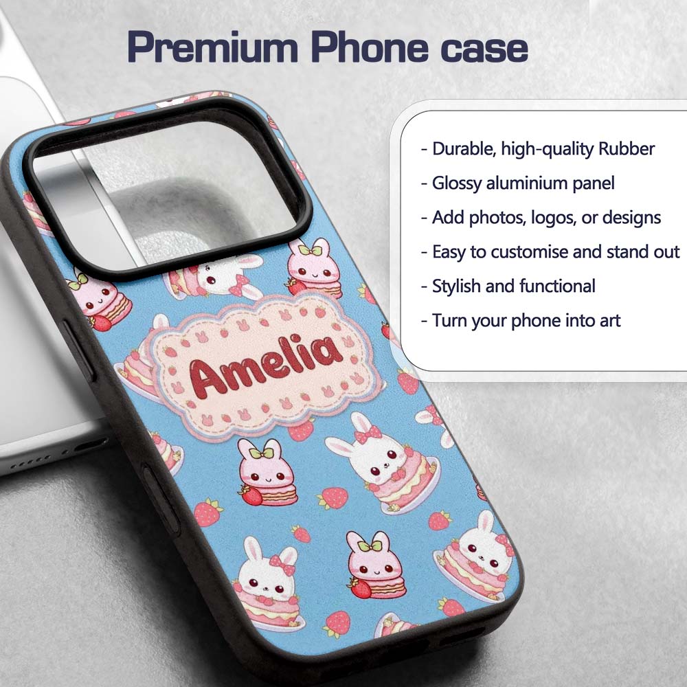 Cute Strawberry Bunny Macaron Dessert Kawaii Blue Custom Name Protective Phone Case Mobile Cover Durable Everyday Smartphone Shock Resistant