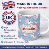 Personalized Custom Name Cute Strawberry Bunny Macaron Dessert Kawaii Blue Background 11oz Ceramic Coffee Tea Mug White Large Handle