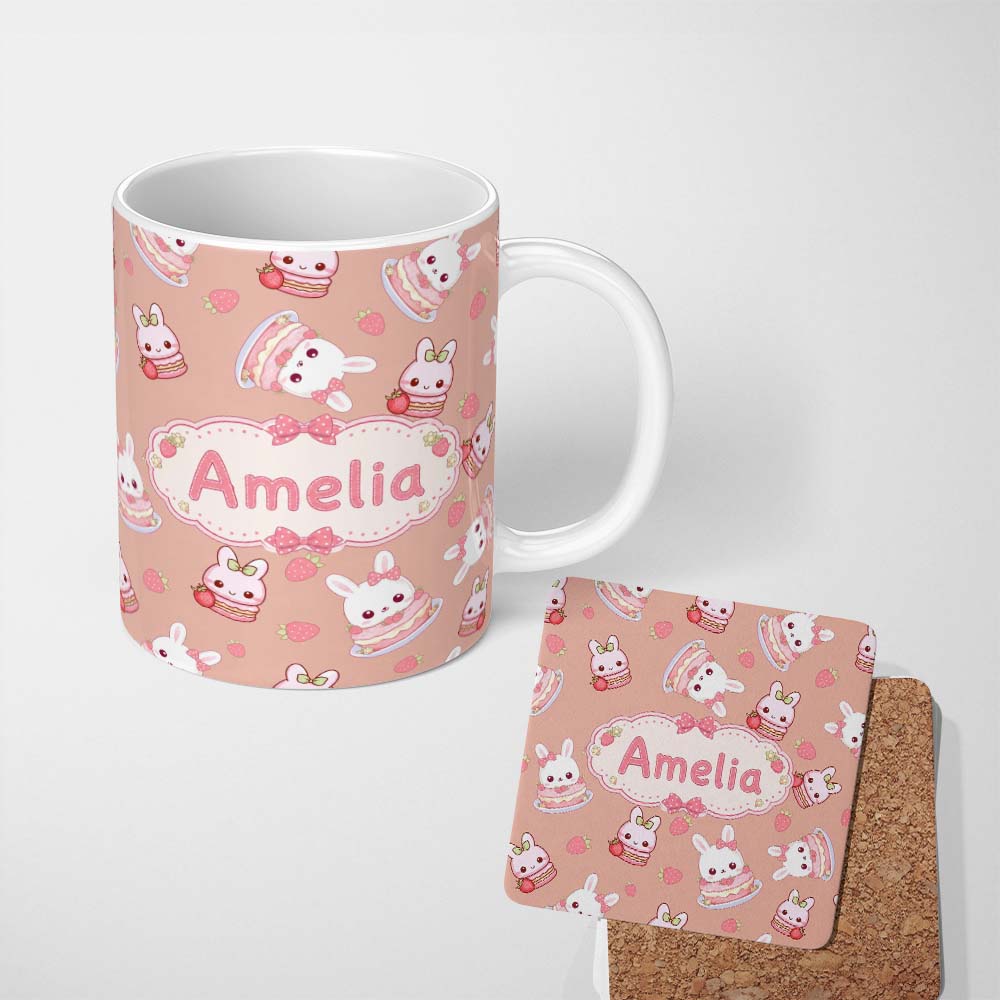Personalized Custom Name Cute Strawberry Bunny Macaron Dessert Kawaii Peach Background 11oz Ceramic Coffee Tea Mug White Large Handle