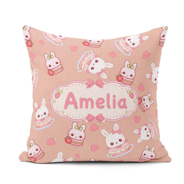 Custom Name Cute Strawberry Bunny Macaron Dessert Kawaii Peach Square Filled Cushion Throw Pillow Sofa Bed Home Decor Zip Washable UK Made