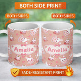 Personalized Custom Name Cute Strawberry Bunny Macaron Dessert Kawaii Peach Background 11oz Ceramic Coffee Tea Mug White Large Handle