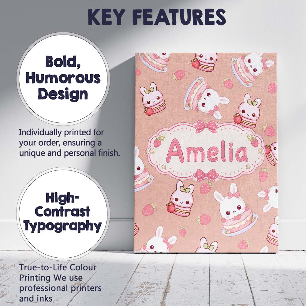 Personalised Name Cute Strawberry Bunny Custom  Modern Room Accent Elegant Feature Canvas Wall Art Print Decor Picture Ready to Hang