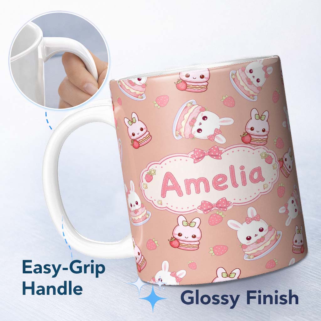 Personalized Custom Name Cute Strawberry Bunny Macaron Dessert Kawaii Peach Background 11oz Ceramic Coffee Tea Mug White Large Handle