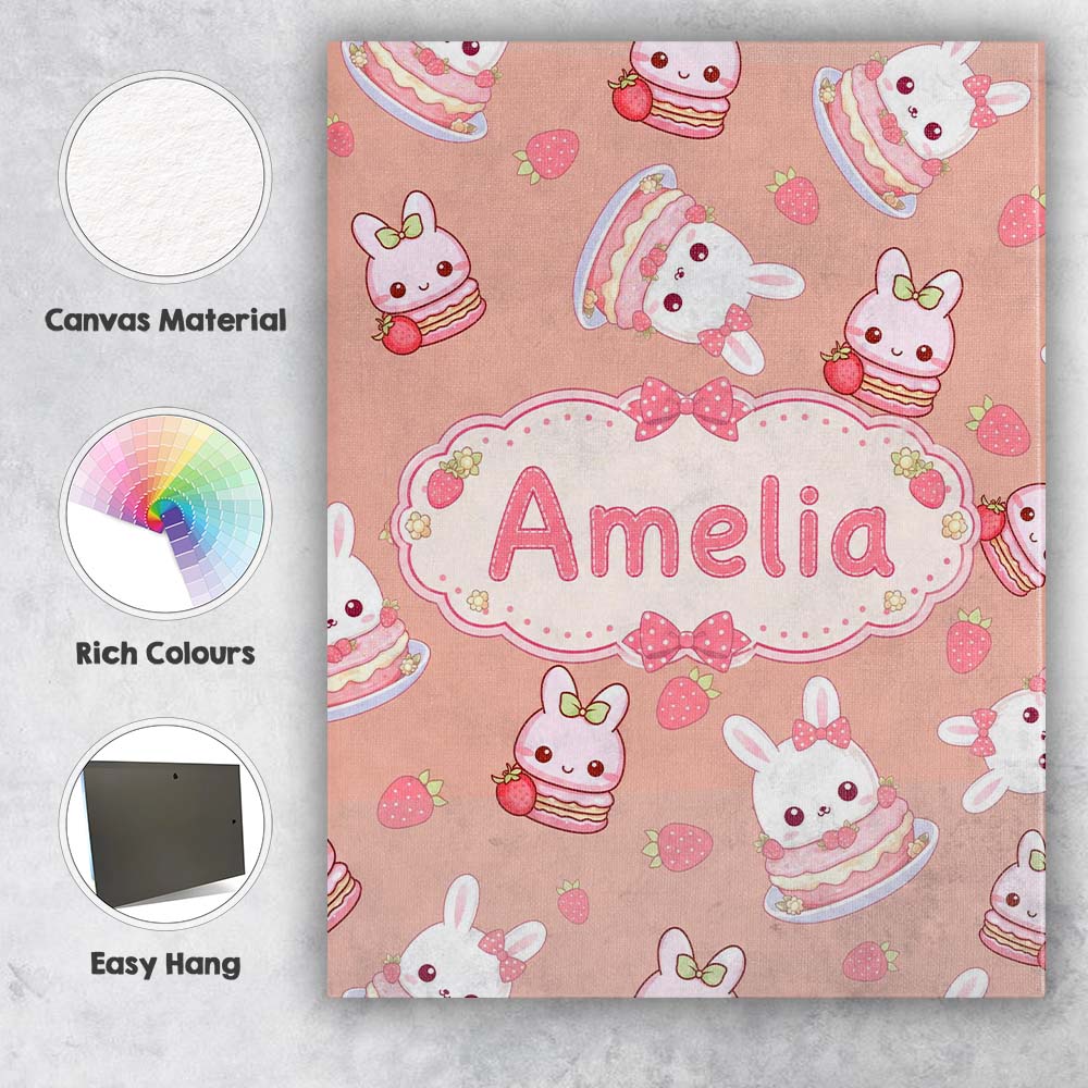 Personalised Name Cute Strawberry Bunny Custom  Modern Room Accent Elegant Feature Canvas Wall Art Print Decor Picture Ready to Hang