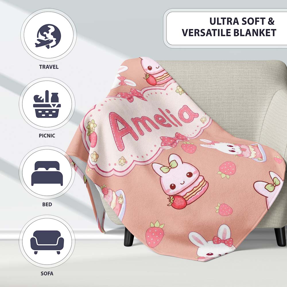 Cute Strawberry Bunny Macaron Dessert Kawaii Peach Background  Personalised Custom Name Super Soft Fleece Blanket Bed Sofa Throw