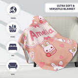 Cute Strawberry Bunny Macaron Dessert Kawaii Peach Background  Personalised Custom Name Super Soft Fleece Blanket Bed Sofa Throw