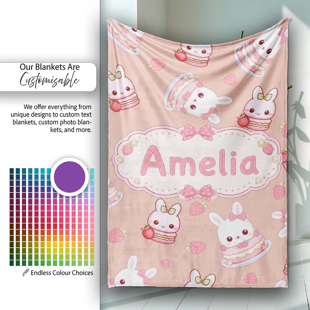 Cute Strawberry Bunny Macaron Dessert Kawaii Peach Background  Personalised Custom Name Super Soft Fleece Blanket Bed Sofa Throw