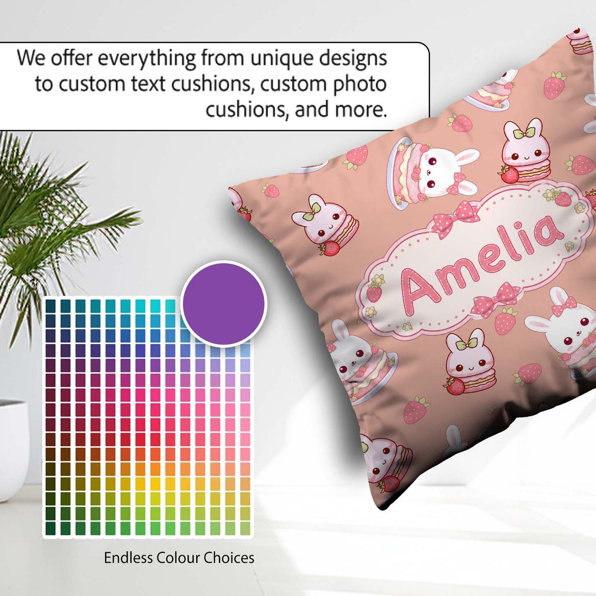 Custom Name Cute Strawberry Bunny Macaron Dessert Kawaii Peach Square Filled Cushion Throw Pillow Sofa Bed Home Decor Zip Washable UK Made