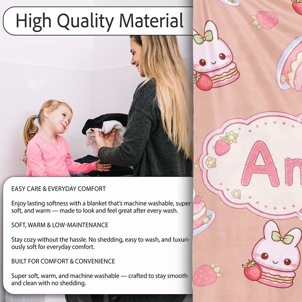 Cute Strawberry Bunny Macaron Dessert Kawaii Peach Background  Personalised Custom Name Super Soft Fleece Blanket Bed Sofa Throw