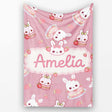 Cute Strawberry Bunny Macaron Dessert Kawaii Pink Background  Personalised Custom Name Super Soft Fleece Blanket Bed Sofa Throw