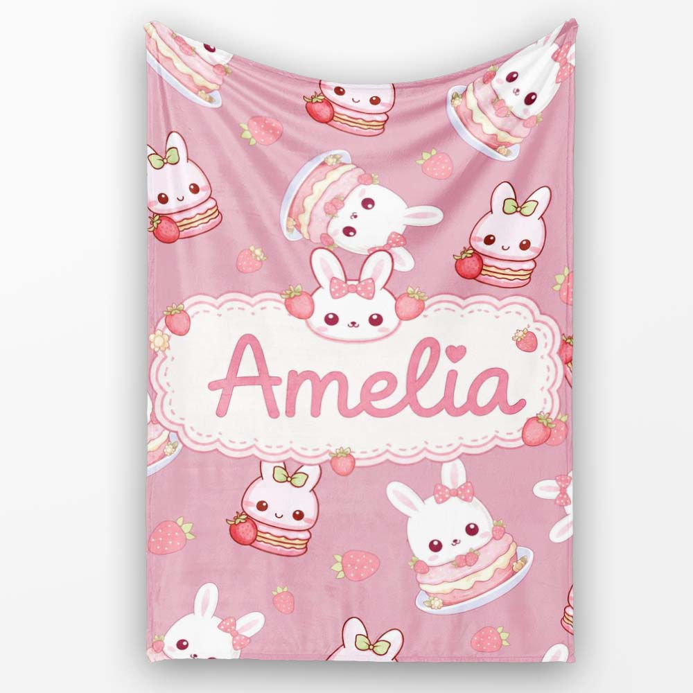 Cute Strawberry Bunny Macaron Dessert Kawaii Pink Background  Personalised Custom Name Super Soft Fleece Blanket Bed Sofa Throw