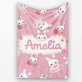 Cute Strawberry Bunny Macaron Dessert Kawaii Pink Background  Personalised Custom Name Super Soft Fleece Blanket Bed Sofa Throw