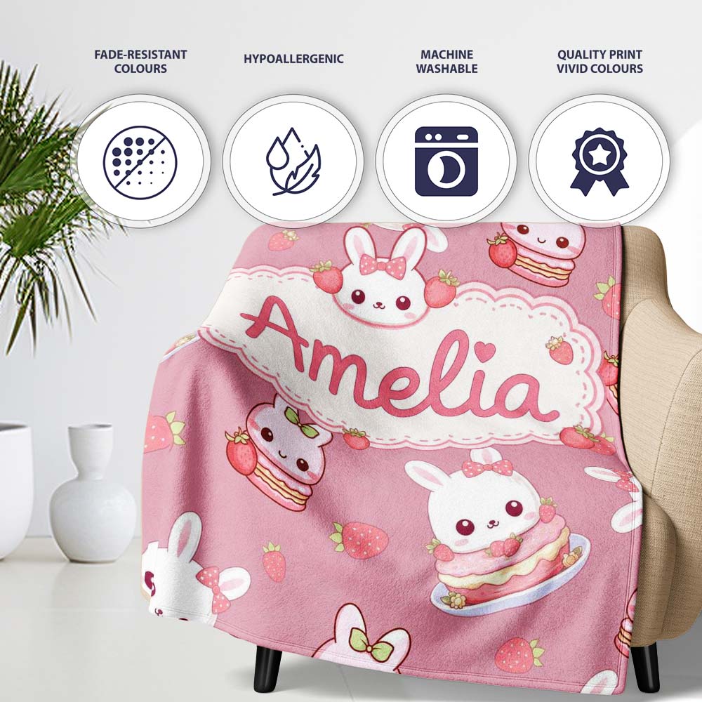 Cute Strawberry Bunny Macaron Dessert Kawaii Pink Background  Personalised Custom Name Super Soft Fleece Blanket Bed Sofa Throw